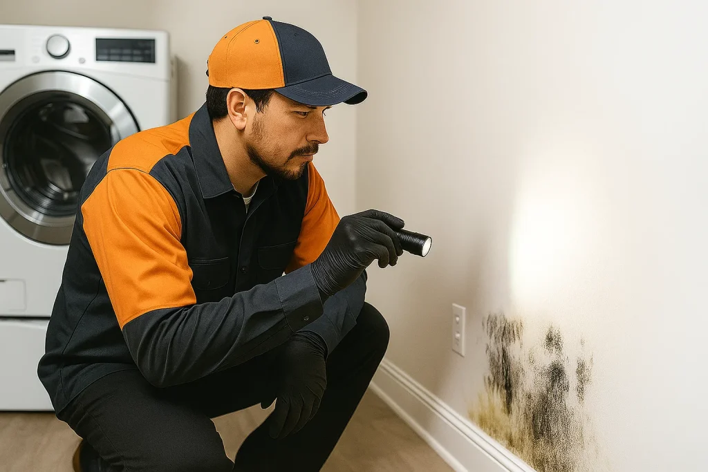 Technician inspects mold growth on drywall in utility room during humidity assessment