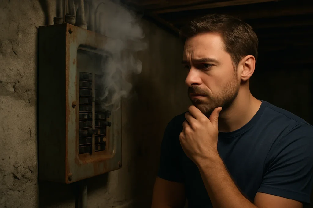 Concerned, homeowner looks at a slightly smoking electrical box in his basement