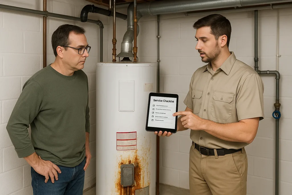 homeowner and plumber assessing aging water heater in basement