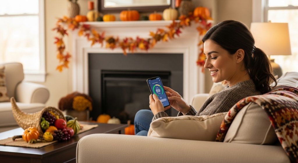 A happy woman on a sofa adjusting her smart thermostat from her smart phone. The room behind her is well-lit and decorated for fall.
