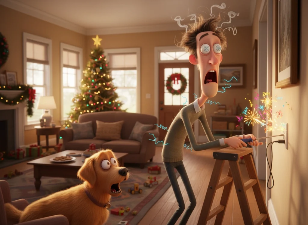 Cartoon homeowner on ladder pulling wires with harmless sparks in a Pixar‑style scene