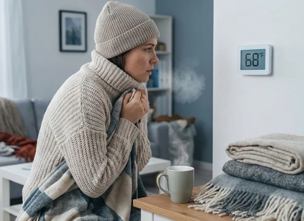 Homeowner checking thermostat in cold living room while furnace in utility closet shows rust, soot, and warning signs.