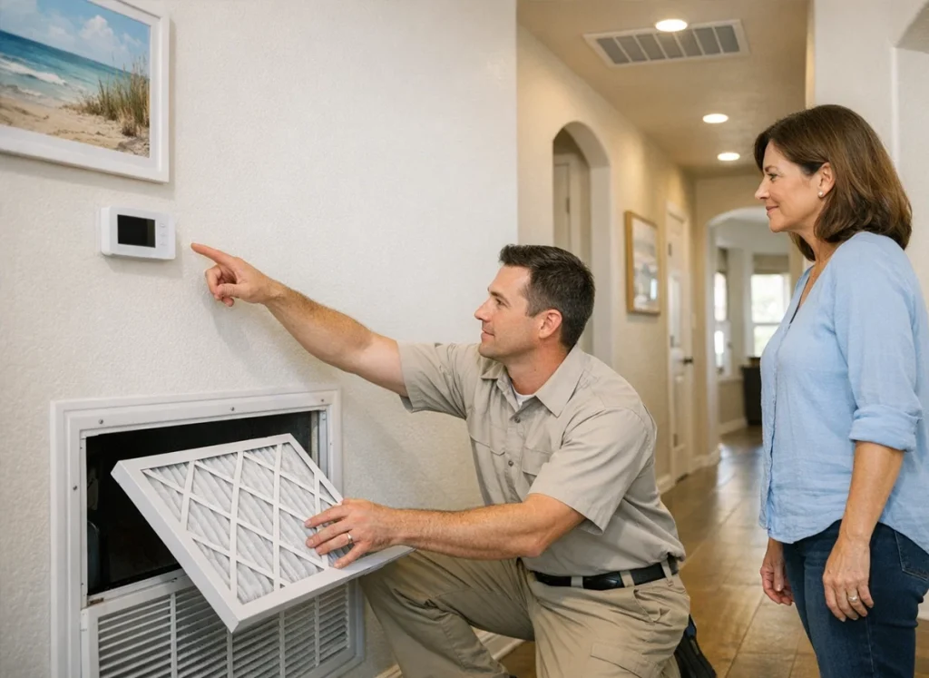 San Antonio homeowner replaces AC filter with HVAC technician for spring prep