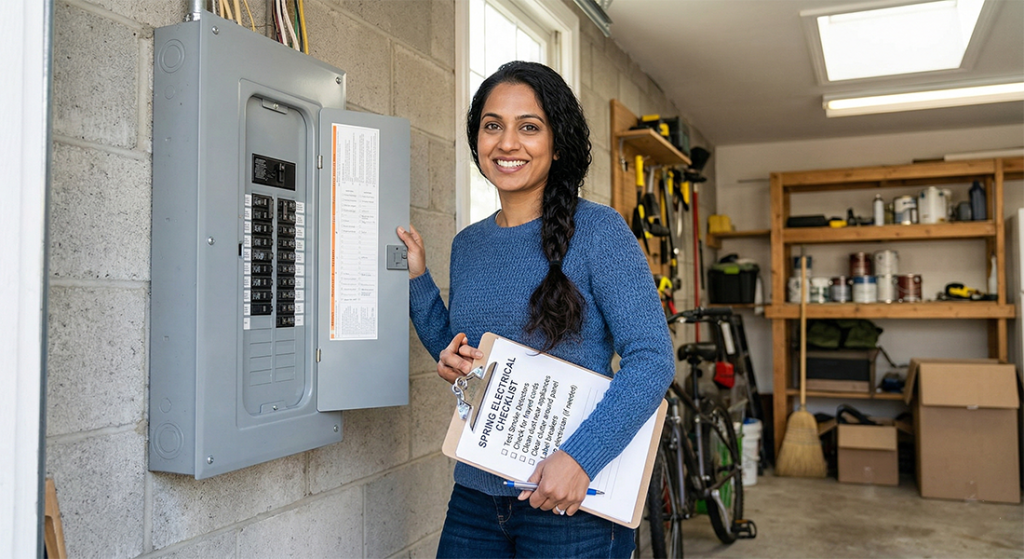 A smiling woman standing next to her electrical panel. She's holding a clipboard with a checklist that reads "Spring electrical checklist.'