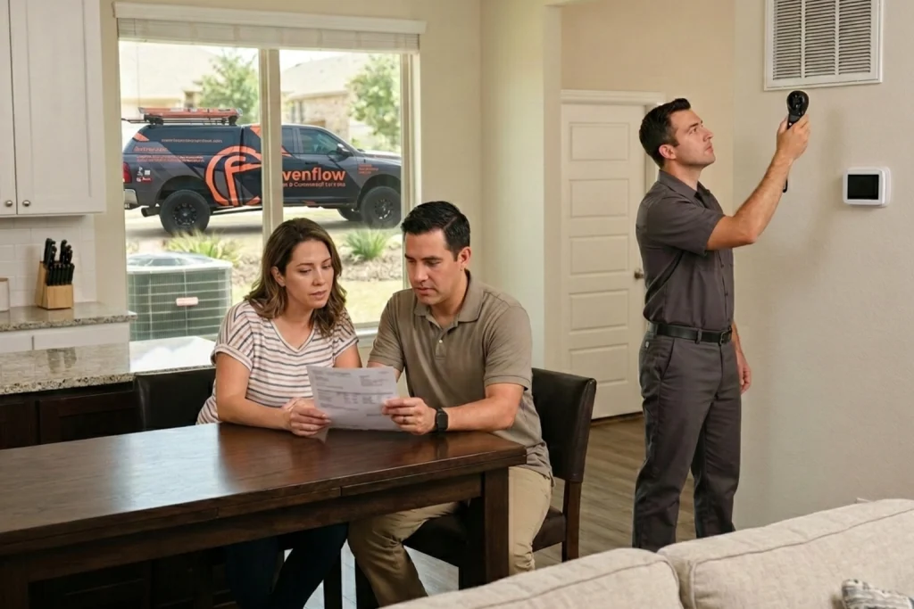 Homeowners reviewing energy costs from weak AC system