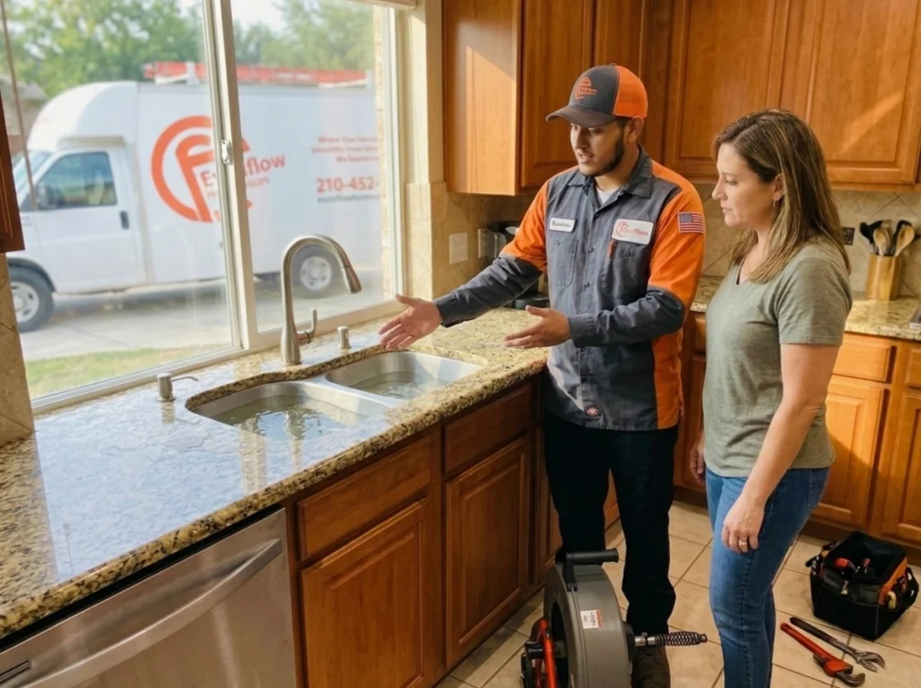 Evenflow plumber discussing a drain clog with a homeowner.